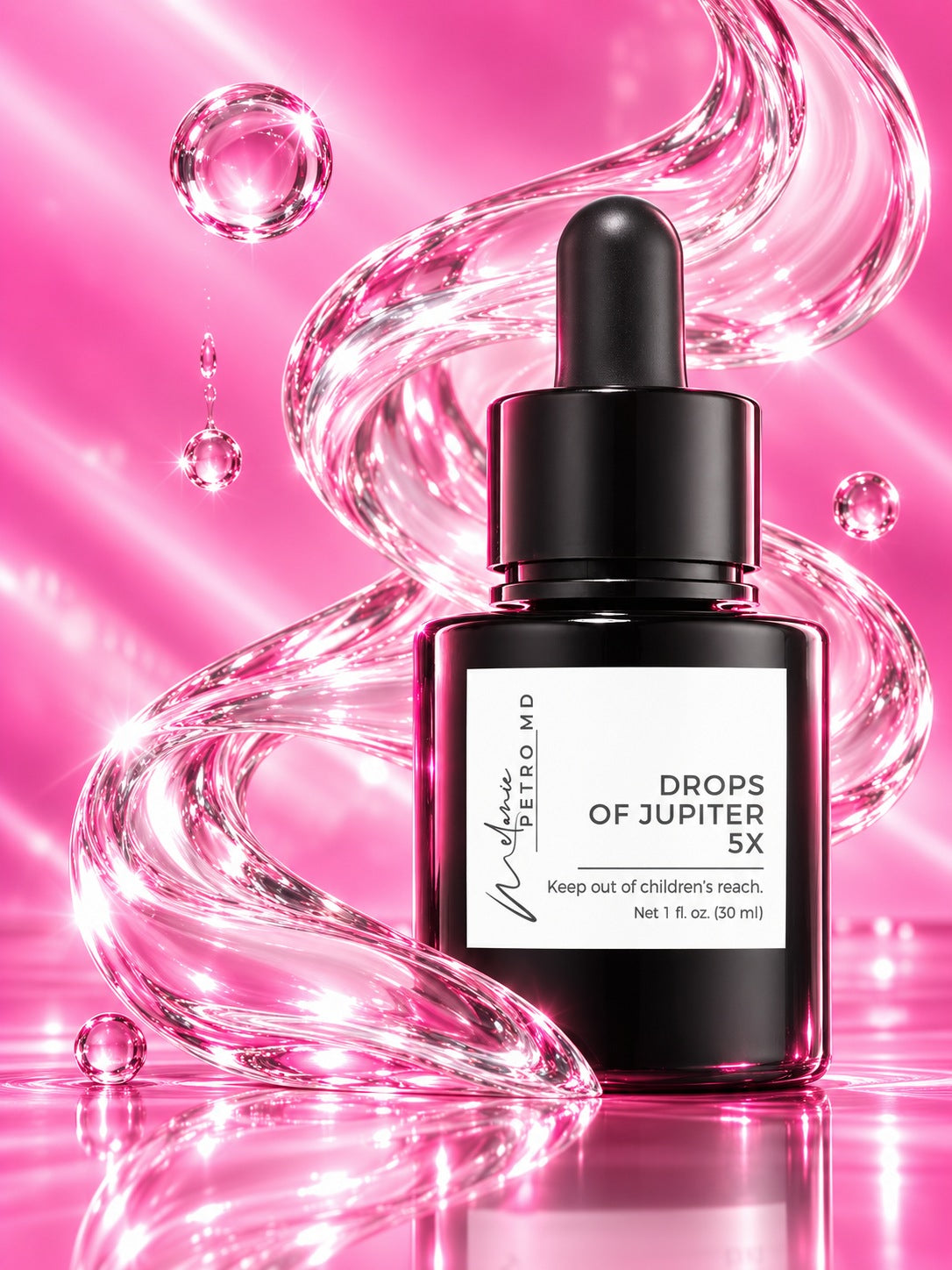 Drops of Jupiter 5X with illustrative glossy liquid ribbons and pink droplets