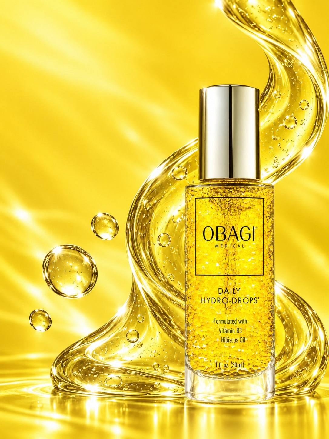 Obagi Daily Hydro-Drops with magnified illustrative serum ribbons in bright yellow light