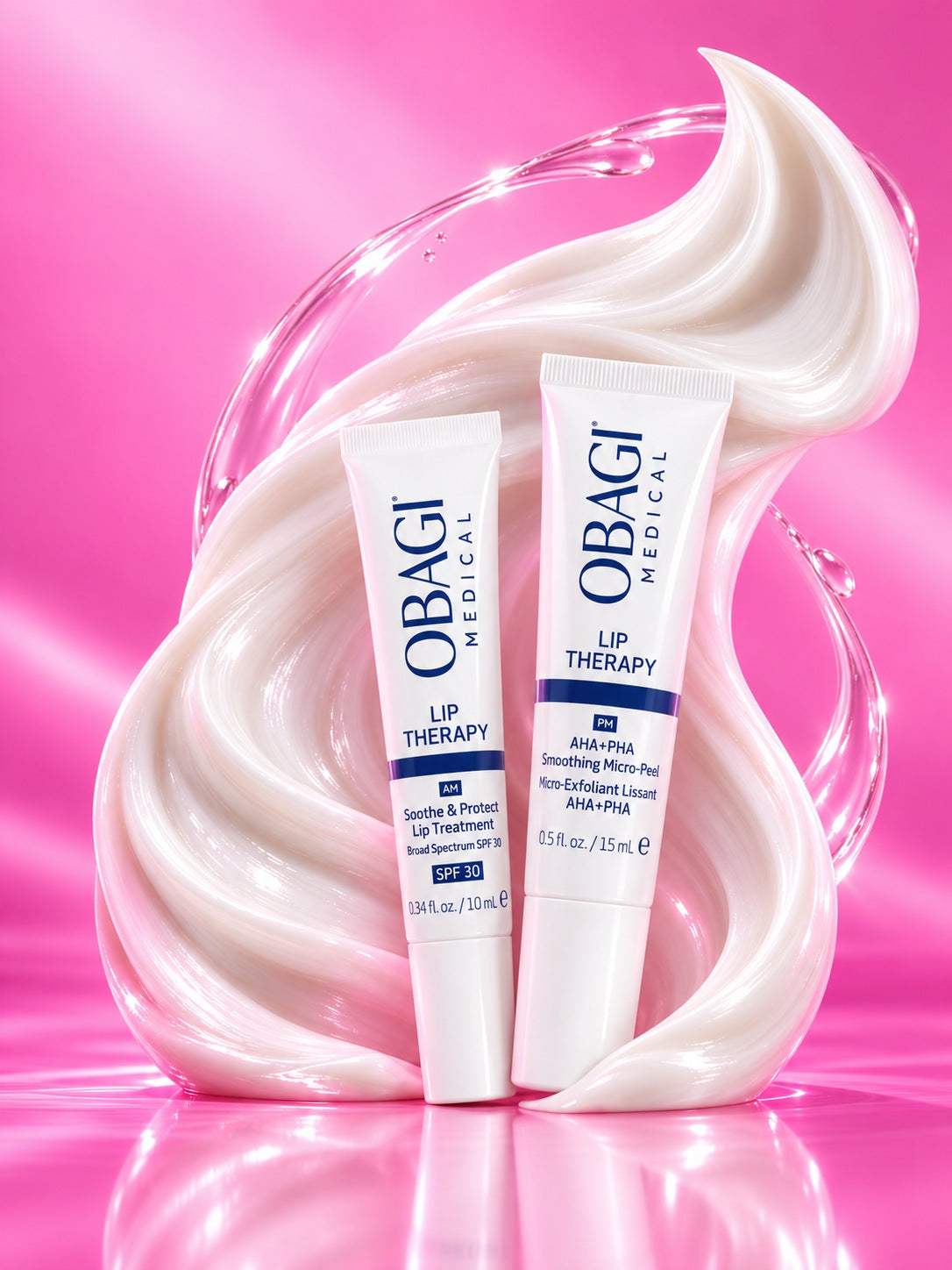 Obagi AM and PM Lip Therapy together with an illustrative white balm swirl in pink light
