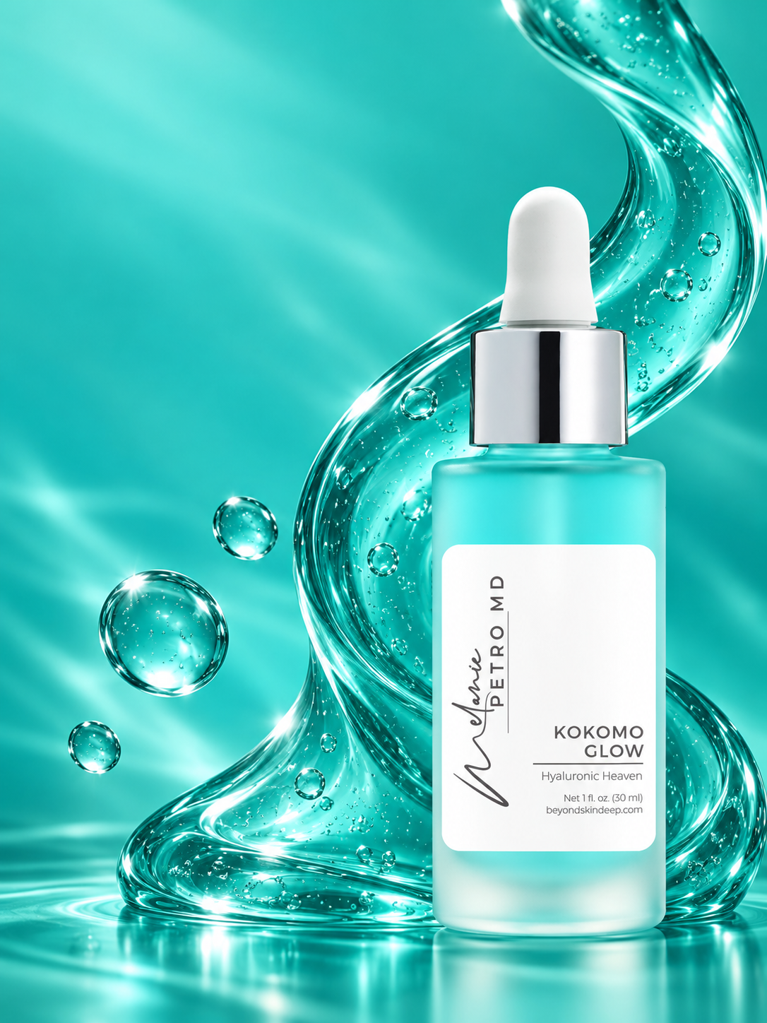 Kokomo Glow in an illustrative turquoise serum sculpture
